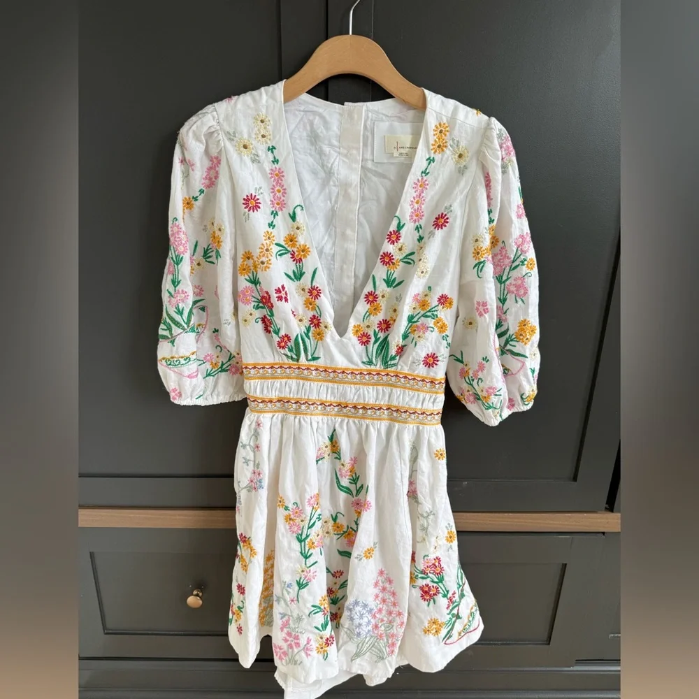 Anthropologie Deep V White Cotton Dress with Colorful Floral Embroidery • L - Picture 3 of 17